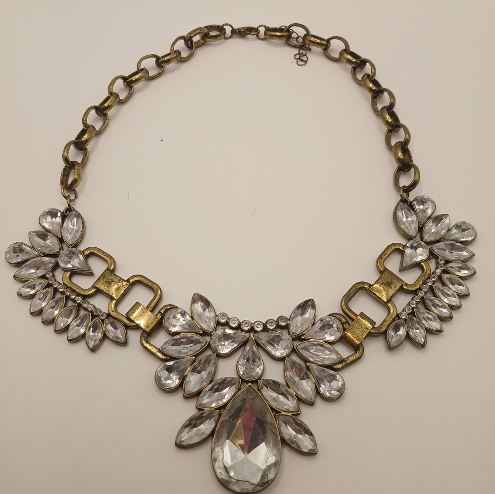 Large Brass Tone With Clear Crystals Bib Style  Statement Necklace 9 - 11" - Picture 3 of 3